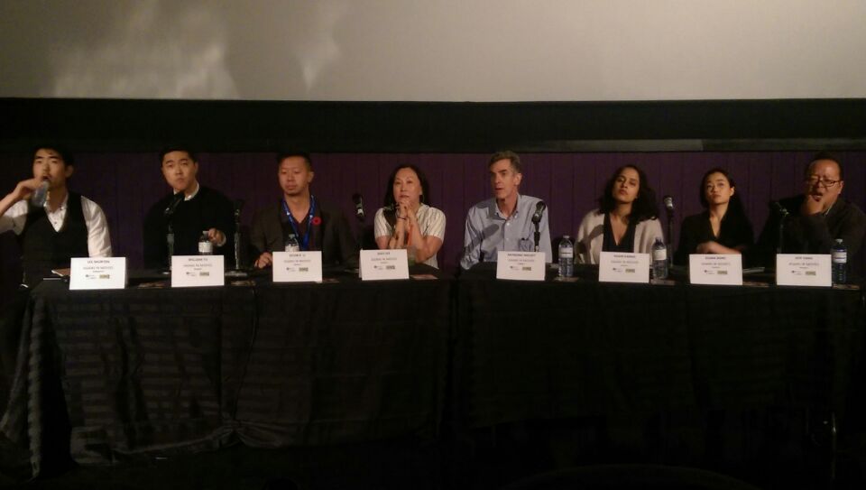 Asians in Movies panel. Left to right: Lee Shorten (moderator), William Yu, Kevin Li, Judy Lee, Raymond Massey, Agam Darshi, Diana Bang, Jeff Yang.