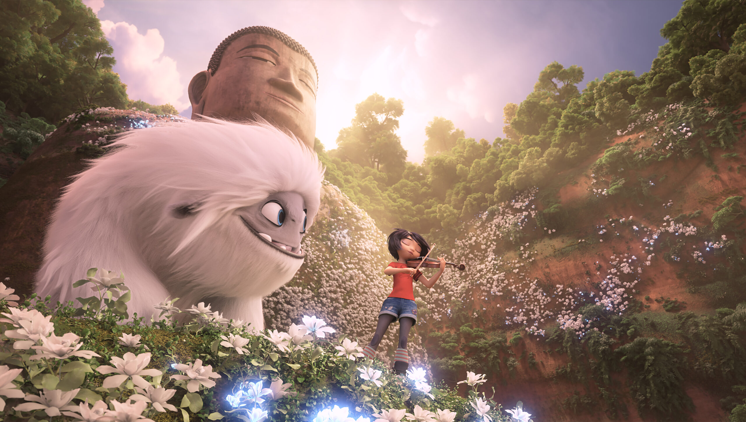 Everest the Yeti listens on as Yi (Chloe Bennet) plays her beloved violin in front of the Leshan Buddha in DreamWorks Animation and Pearl Studio’s "Abominable," written and directed by Jill Culton.