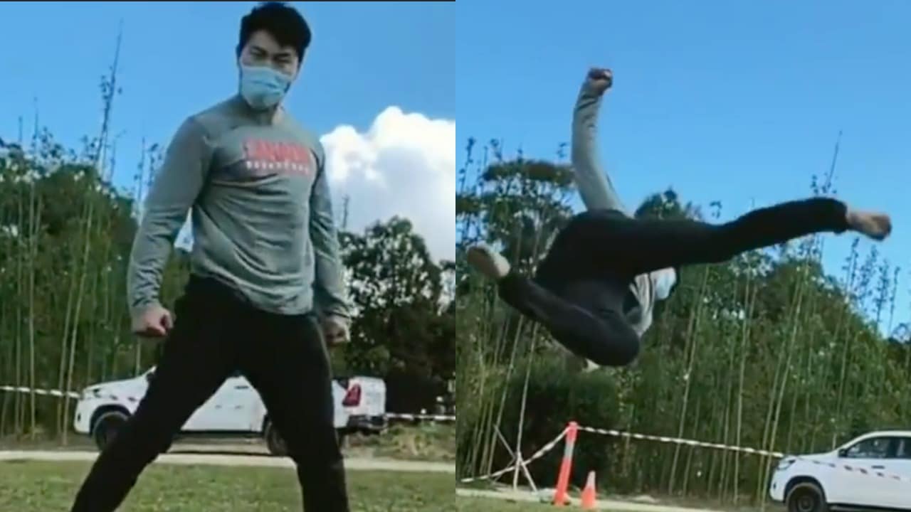 Simu Liu shows off his martial arts moves whilst filming