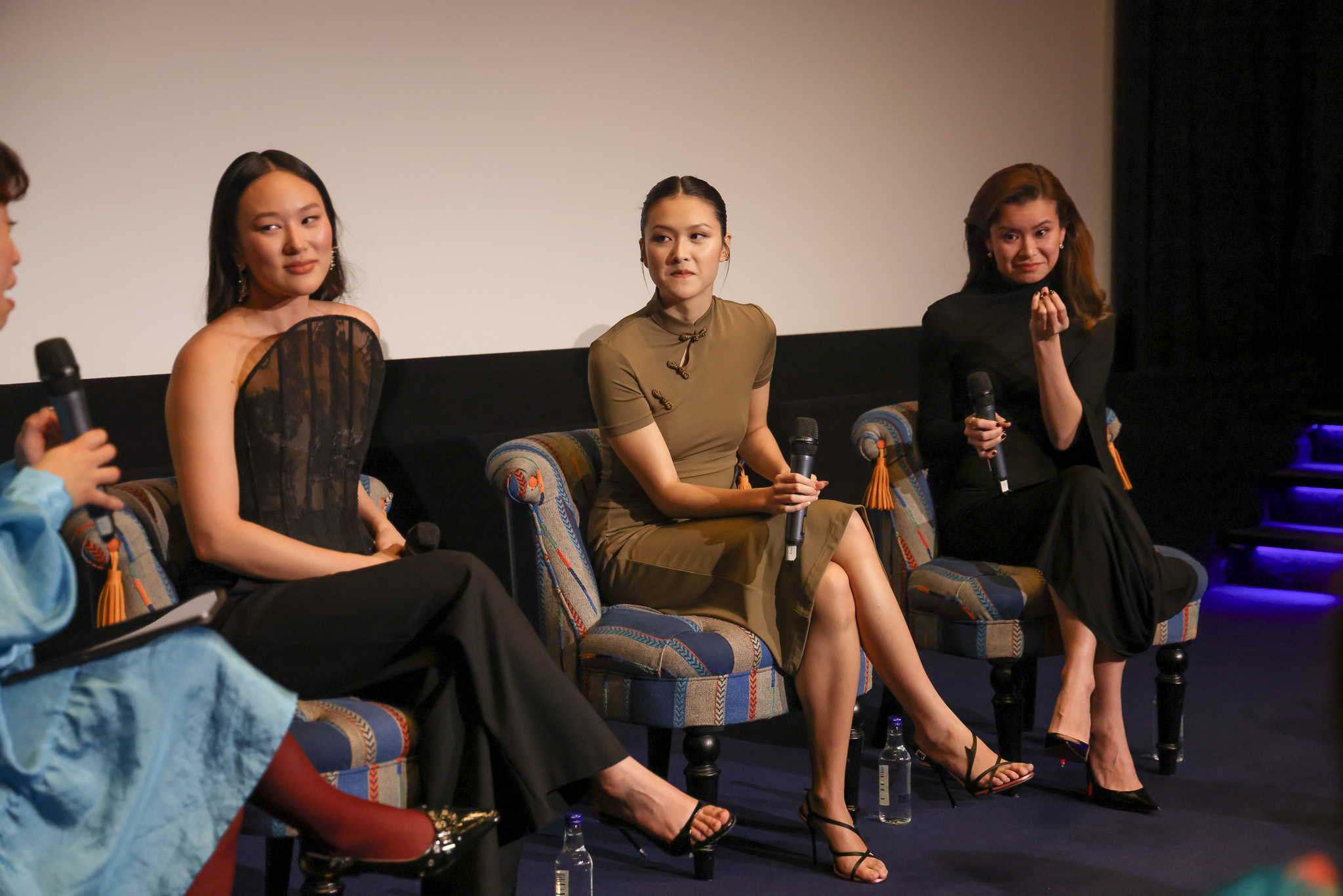 Bridgerton Season 4 cast members Yerin Ha, Katie Leung, and Isabella Wei speaking at a MilkTea Films ESEA community screening in London.